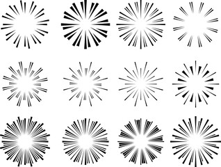 Fototapeta premium Set of light rays, sunburst and rays of sun. Design elements, linear drawing, vintage hipster style. Light rays sunburst, arrow, ribbon Vector Illustration
