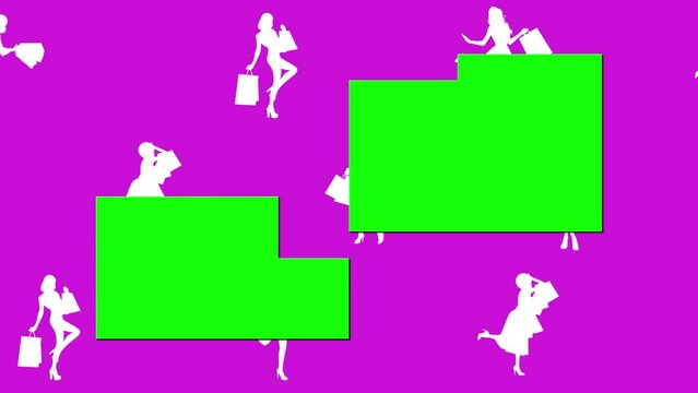 Animated shopping girls in white on a fuchsia background with a transitioned green screen overlay.
