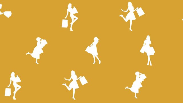 Seamless background of shopping girls in white on an orange background. Loopable.