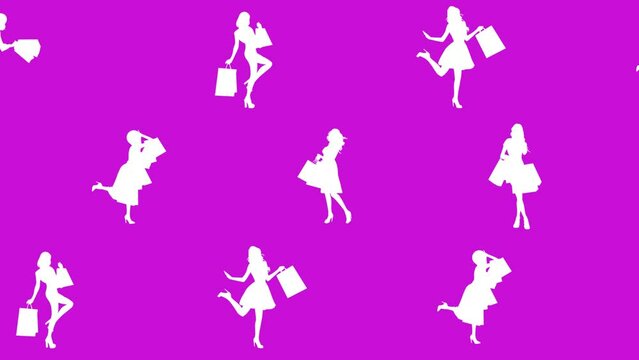 Seamless background of shopping girls in white on a purple background. Loopable.