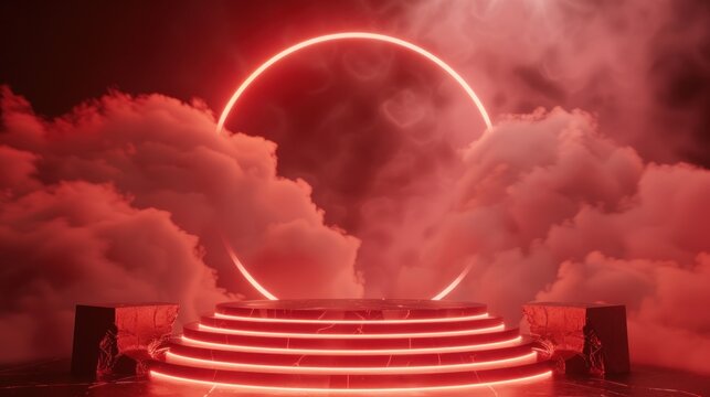 Mystical circular stage with red clouds