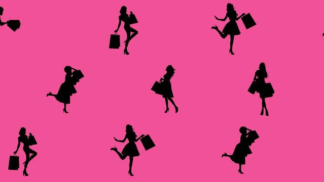 Seamless background of pink and black silhouette shopping girls that alternate from black to pink on a background that alternates from  pink to black. Loopable.