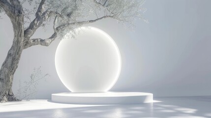 Minimalistic white podium with tree