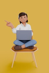 3D illustration of woman working on laptop while pointing to right side