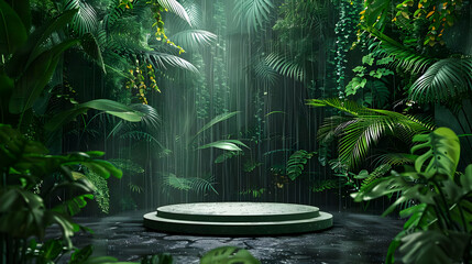 Striking popart mockup with a central podium surrounded by lush greenery and rain