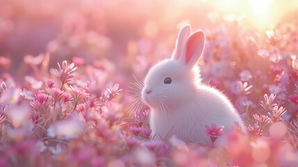 Generate a photo of a cute bunny sitting in a field of flowers