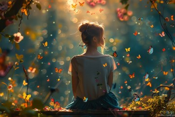 Woman Sitting on Bench in Sunny Garden Surrounded by Butterflies