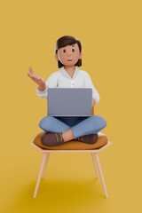 3D illustration of woman working on laptop while question something