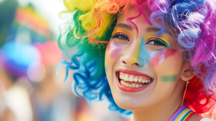 Portrait of happy young drag queen celebrating pride in rainbow afro clown wig and colorful makeup celebrating LGBTQ+ at pride parade