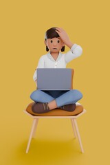 3D illustration of woman confused by work on his laptop