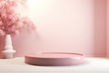 Elegant Pink Product Display with Cherry Blossom Backdrop