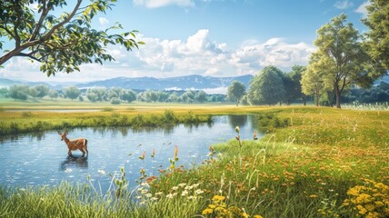 A deer steps cautiously into a clear stream in a picturesque meadow.