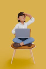 3D illustration of woman working on laptop while looking the target