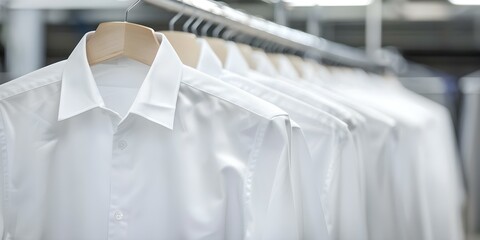 Stock photo of office workers shirts at a dry cleaning service. Concept Dry Cleaning Services, Office Attire, Laundry Room, Clothing Care, Corporate Wardrobe