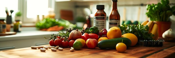 Wellness Through Nutrition. Kitchen scene featuring a variety of fresh fruits, vegetables, and dietary supplements, promoting healthy eating habits and new year resolutions for overall wellness