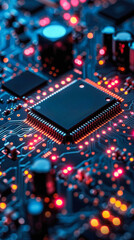 Macro shot of microprocessor with red and blue lights