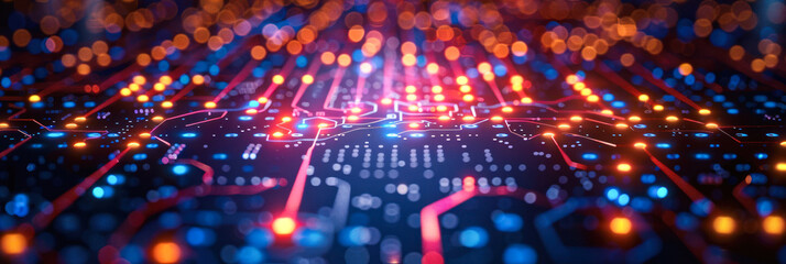 Obraz premium Red and blue circuitry on a black electronic board