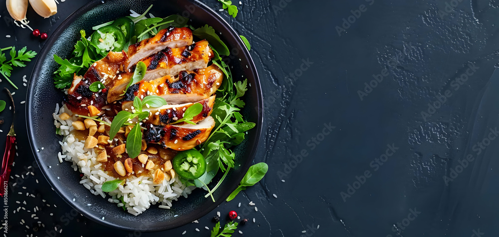 Wall mural A bowl of fragrant Thai jasmine rice with grilled chicken - Wall murals