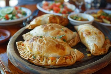 Delicious golden empanadas served on a rustic wooden board with side dishes