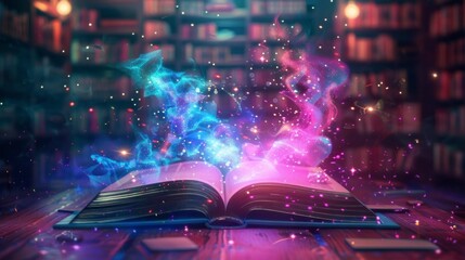 open book in half in a library and purple and blue colors come out of it