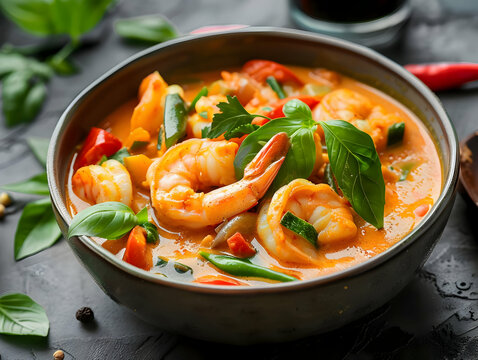 A bowl of creamy Panang Curry with shrimp and vegetables