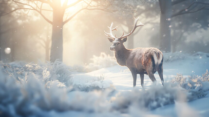 Noble deer male in winter snow forest. Artistic winter christmas landscape, Deer stag