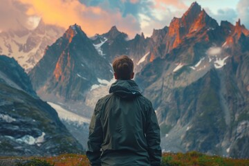 Man Admiring Majestic Mountain at Sunset