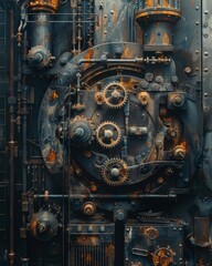 Fototapeta premium Close-up of a steampunk-style industrial machine with gears and pipes.