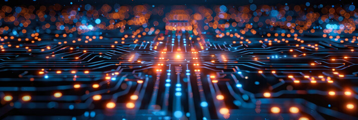 Illuminated digital circuit board with glowing paths