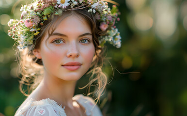portrait of a woman with a floral headpiece. Summer solstice celebration