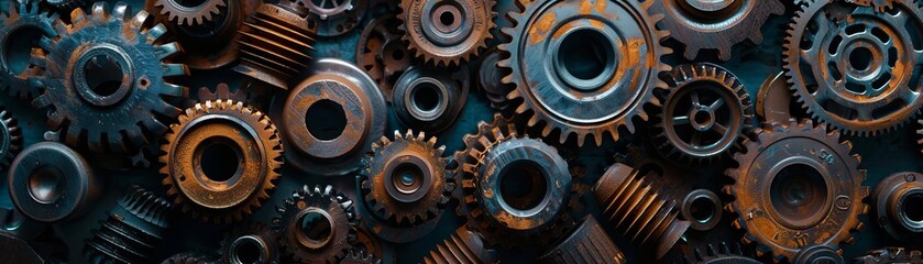 Close-up of rusty metal gears, cogs, and machinery parts.