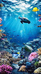Vibrant underwater scene with sea turtle