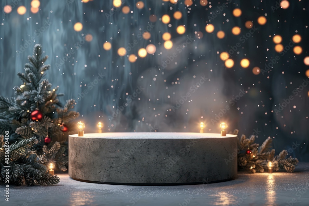 Poster festive scene with candles on a snowy base and pine tree backdrop with bokeh lights