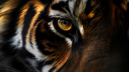 Wildlife tiger striped photography. Open eye black orange fur. Dangerous cat animal tropical jungle forest hunter