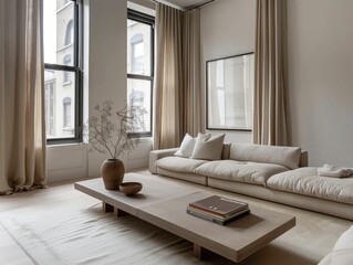 A minimalistic living room with neutral colors, a sleek low-profile sofa, a simple coffee table, and large windows letting in natural light