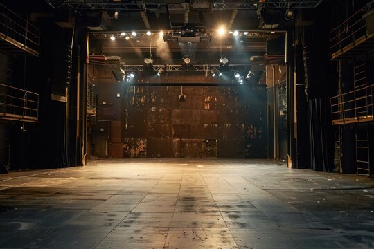 Spacious theater stage with atmospheric lighting, ready for performance