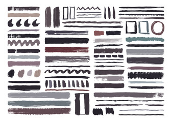 Artistic paint brush stroke design set. Lines, zigzag, wavy, square, and circle brushes. Painting texture graphic element. Hand drawn shapes pack.