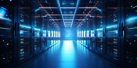 Obraz premium Bright Lights of Data Storage Systems Shine in Dark Server Room. Concept Data Storage Solutions, Server Room Lighting, Technology Innovations, Network Infrastructure, Data Security