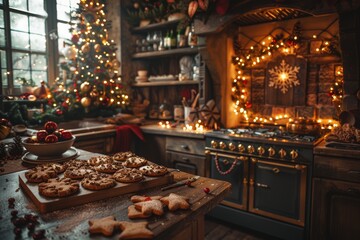 Festive Kitchen With Christmas Tree and Cookies Baking