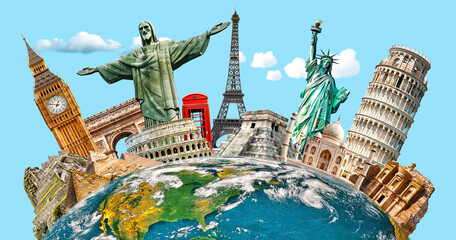 collage of famous world landmarks and monuments around the planet earth. popular travel destinations