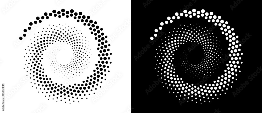 Poster halftone dots in spiral. modern abstract background. design element or icon, logo. black shape on a 