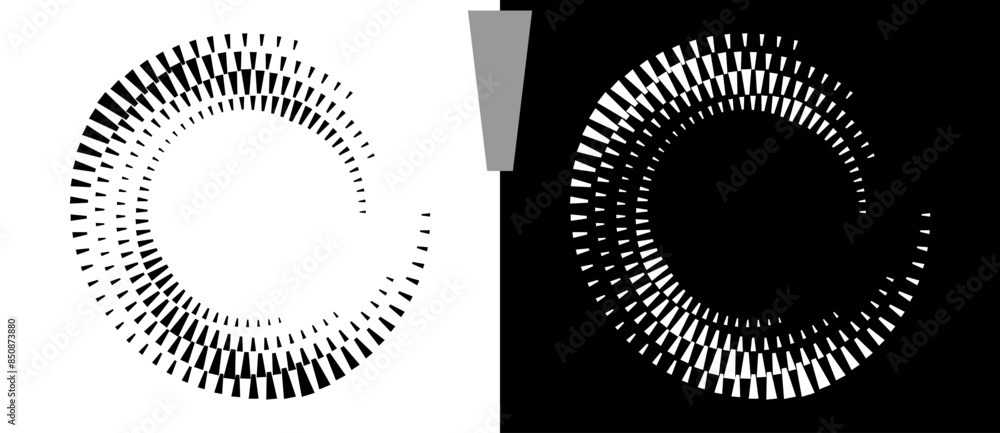 Fototapete Spiral dotted background with quadrangles. Design element or icon. Black shape on a white background and the same white shape on the black side.