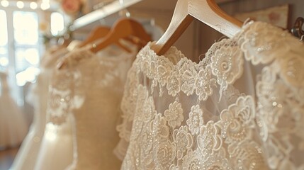 Obraz premium Elegant wedding dresses with intricate lace details hanging in a boutique, showcasing beautiful bridal fashion and design for special occasions.
