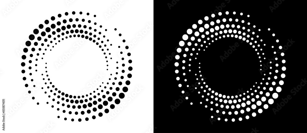 Aufkleber Circle abstract background with dynamic halftone dots in spiral. Yin and yang style. Black shape on a white background and the same white shape on the black side.