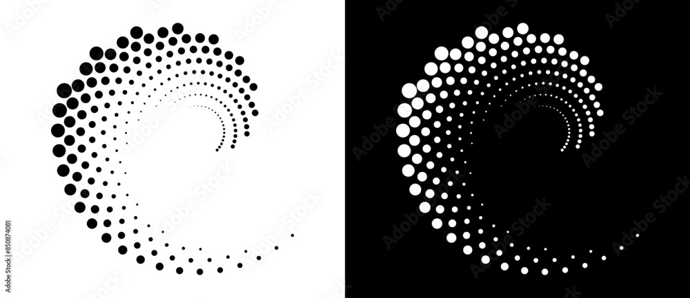 Poster halftone dots in spiral. modern abstract background. design element or icon, logo. black shape on a 