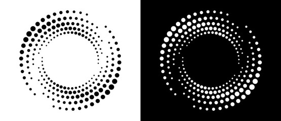 Circle abstract background with dynamic halftone dots in spiral. Yin and yang style. Black shape on a white background and the same white shape on the black side.