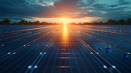 Sunset view over a vast field of solar panels, capturing sustainable energy from the sunlight with a dramatic sky in the background.