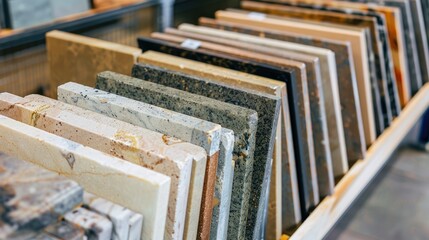 Bright displays of granite and ceramic tile samples at the store
