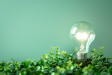 Single illuminated lightbulb stands amid lush green leaves, symbolizing sustainable energy solutions