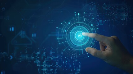 Fototapeta premium Hand interacting with a futuristic digital interface on a dark blue background. Concept of technology and innovation.